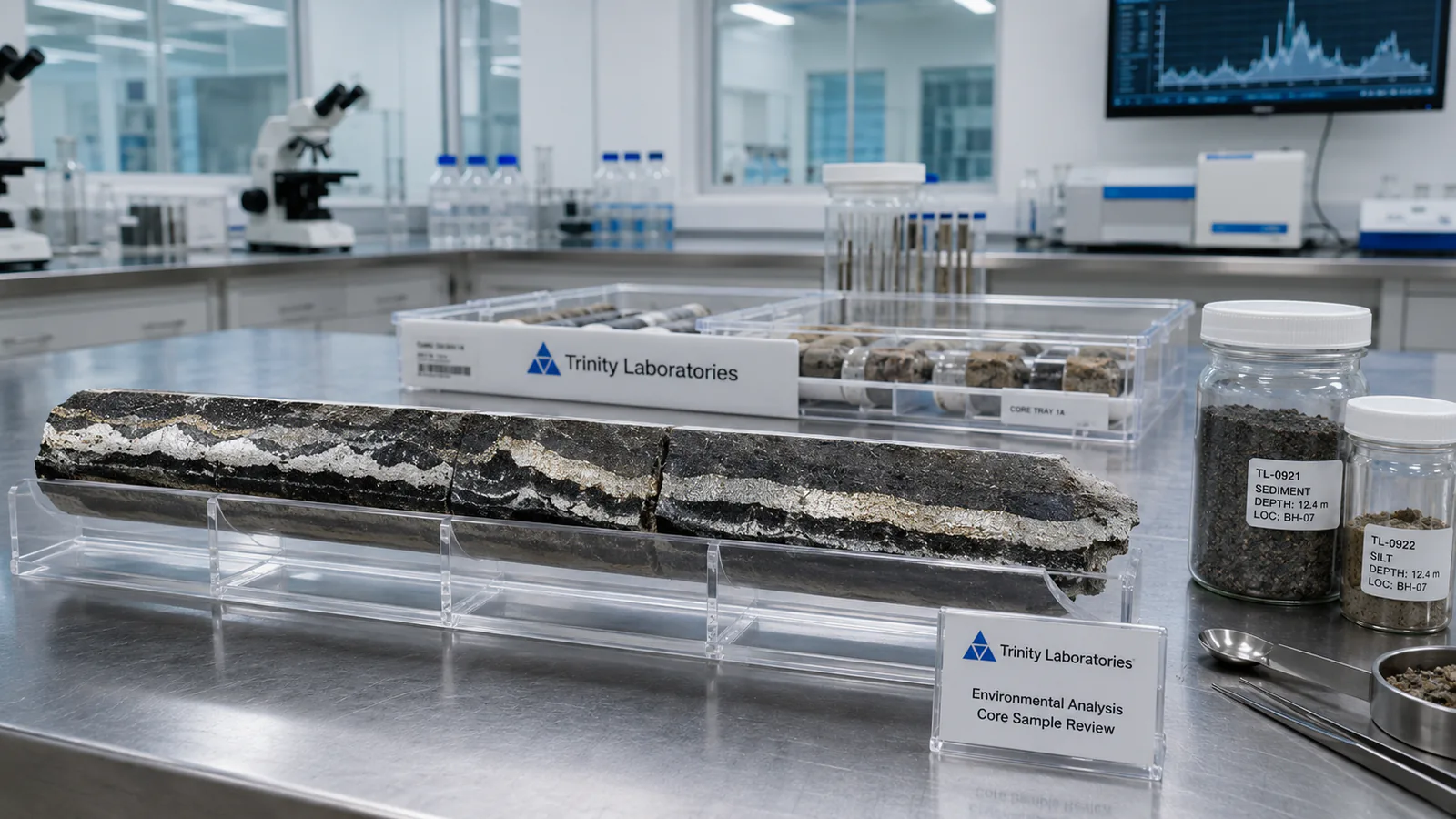 Prepared core samples arranged for observation and analytical review
